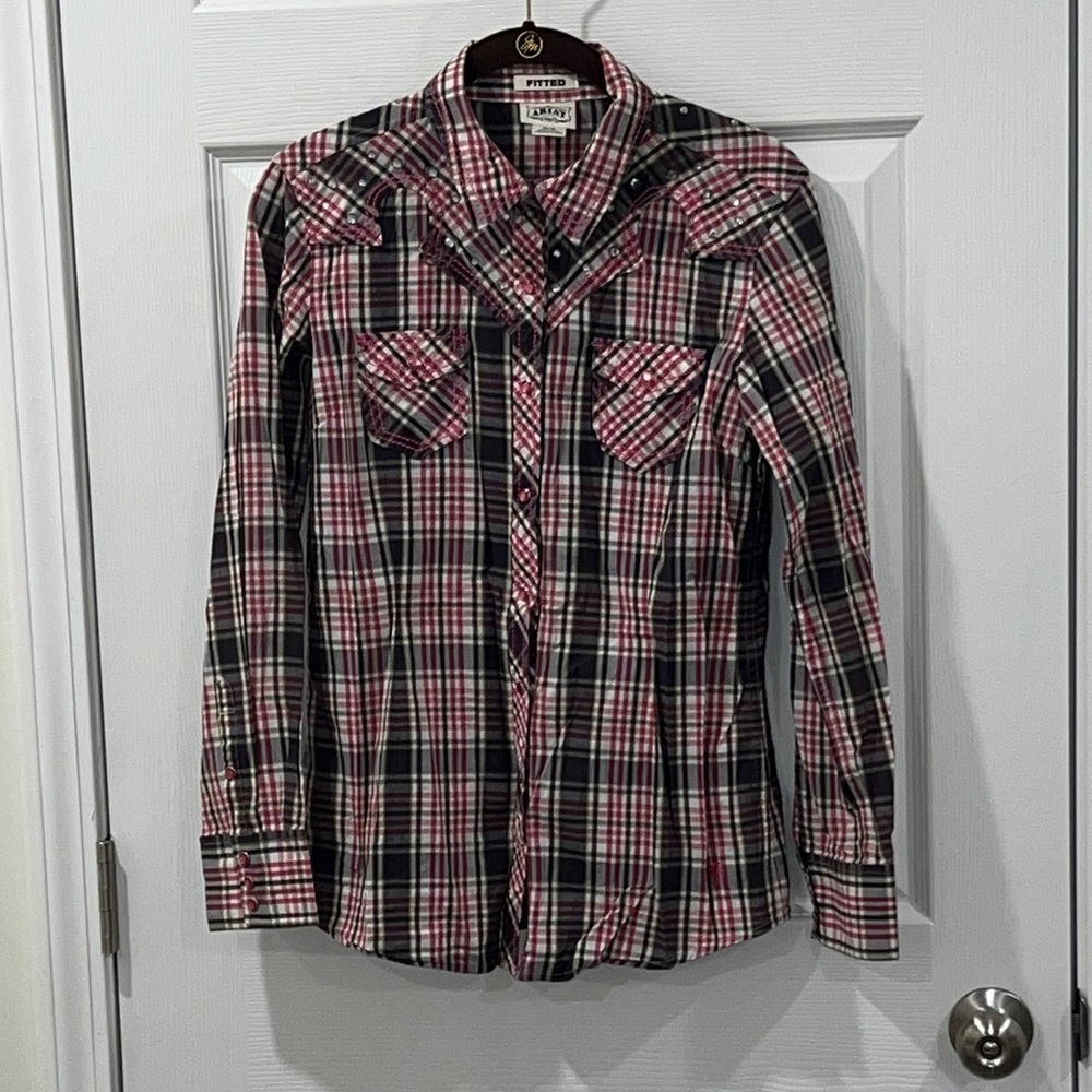 Ariat Pink Gray Plaid Snap Button Shirt M